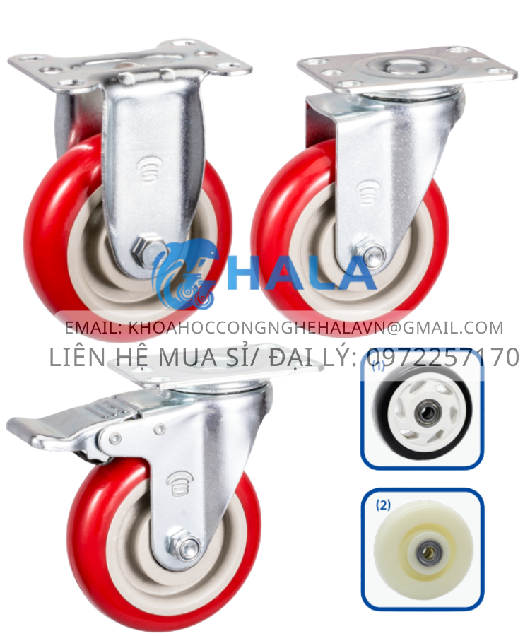 Nhóm bánh PVC Đỏ 2 Vòng Bi, PVC Thông Hoa Đen, Nilon Trắng size 75mm