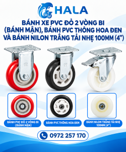 Bánh xe PVC Đỏ 2 Vòng Bi / PVC Thông Hoa Đen / Nilon Trắng 100mm (4")