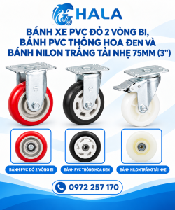 Bánh xe PVC Đỏ 2 Vòng Bi / PVC Thông Hoa Đen / Nilon Trắng 75mm (3")